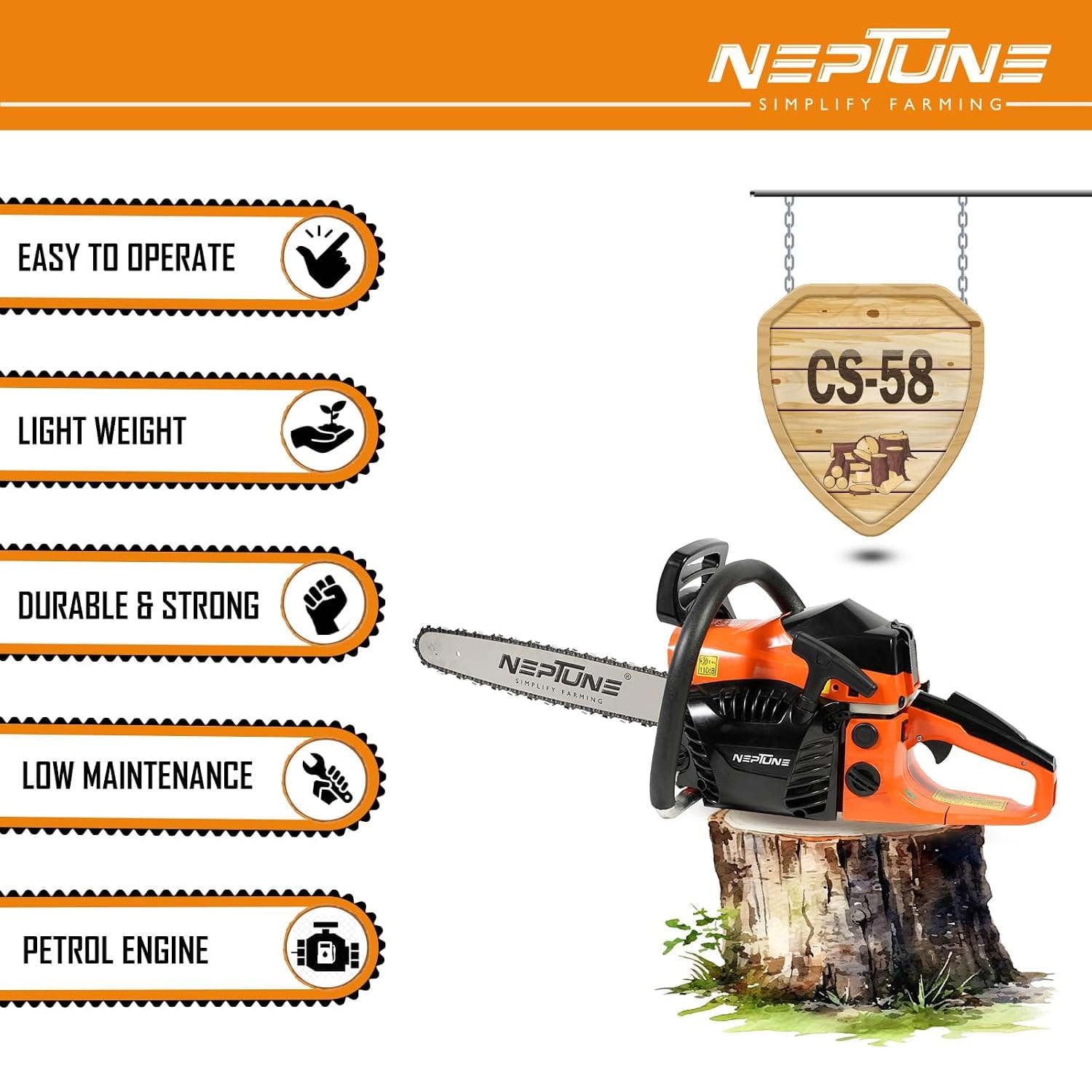 Neptune Simplify Farming CS-58 Heavy Duty 58CC Powerful 2 Stroke Petrol Chain Saw | Woodcutting Saw with 22" Blade| Professional Wood Cutter Saw, Cutting Trees,Garden, Agriculture, Rescue & Landscapes 2