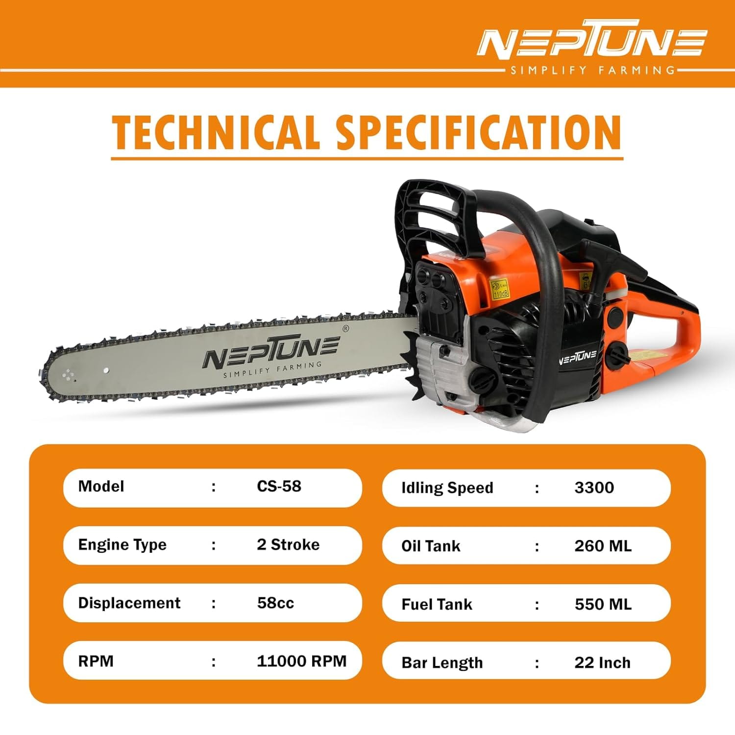 Neptune Simplify Farming CS-58 Heavy Duty 58CC Powerful 2 Stroke Petrol Chain Saw | Woodcutting Saw with 22" Blade| Professional Wood Cutter Saw, Cutting Trees,Garden, Agriculture, Rescue & Landscapes 4