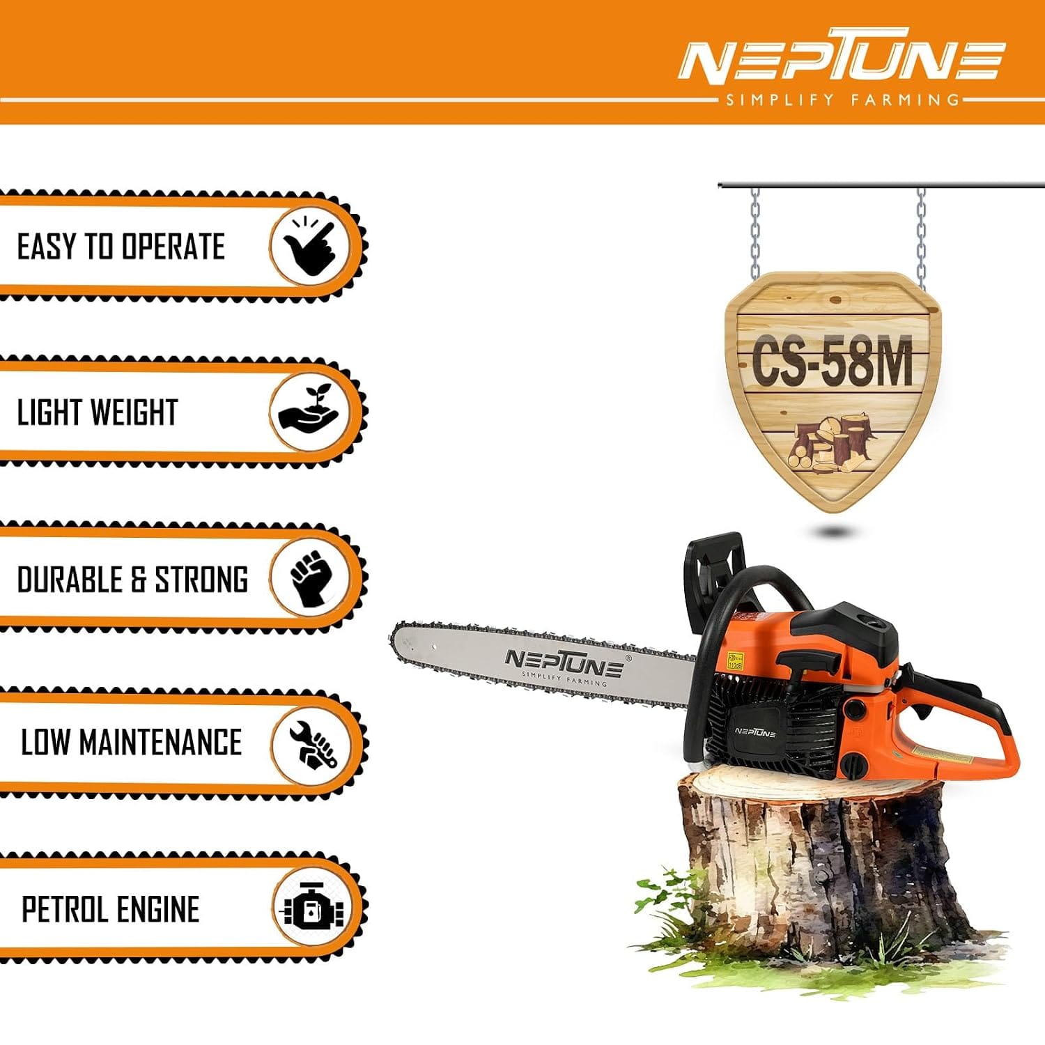 Neptune Simplify Farming CS-58M Heavy Duty 58CC Powerful Magnesium Body 2 Stroke Petrol Chain Saw with 22inch Blade | Professional Wood Cutter, Cutting Trees, Garden, Agriculture, Rescue & Landscapes 2