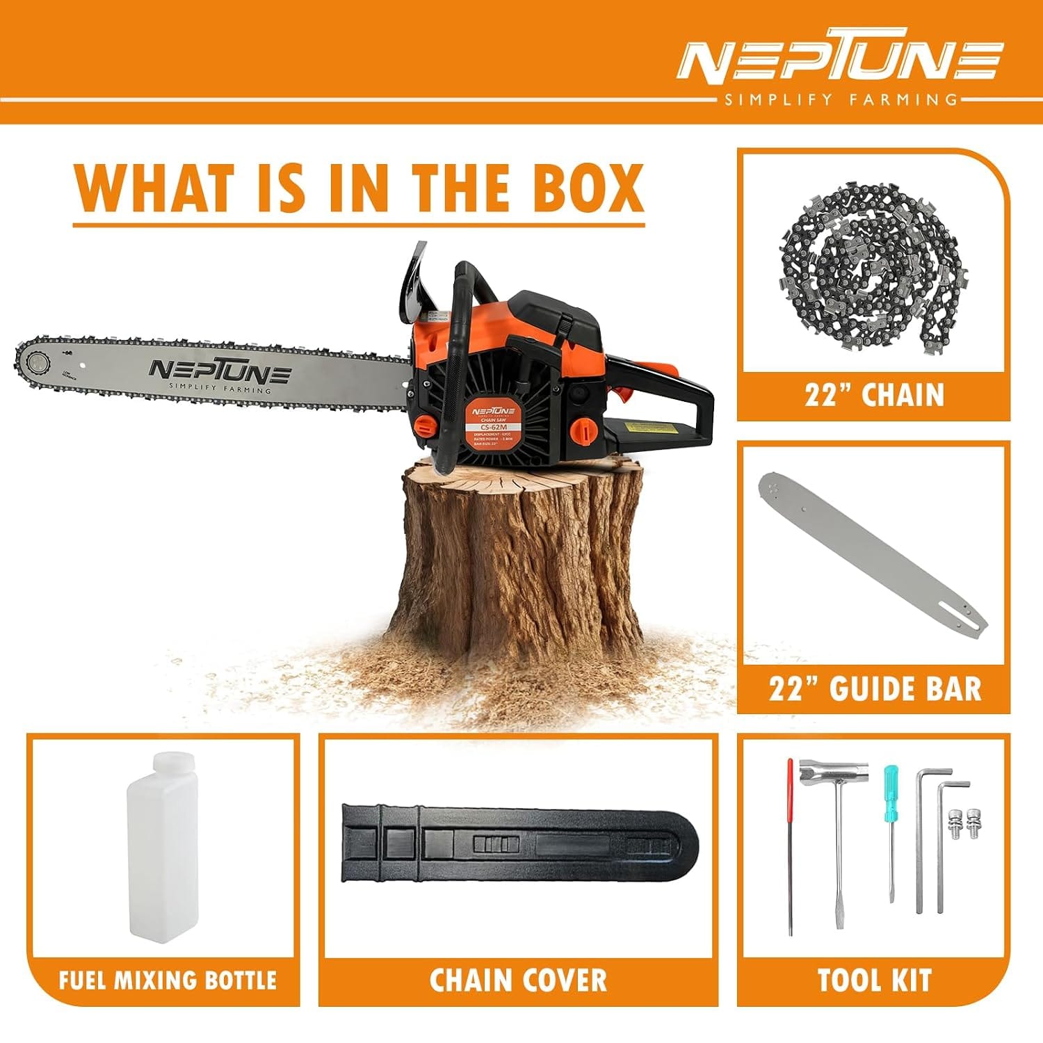 Neptune Simplify Farming CS-62 Heavy Duty 62CC Powerful 2Stroke Petrol Chain Saw | Woodcutting Saw with 22" Blade| Professional Wood Cutter Saw for Farm,Trees,Garden, Agriculture, Rescue & Landscapes 5