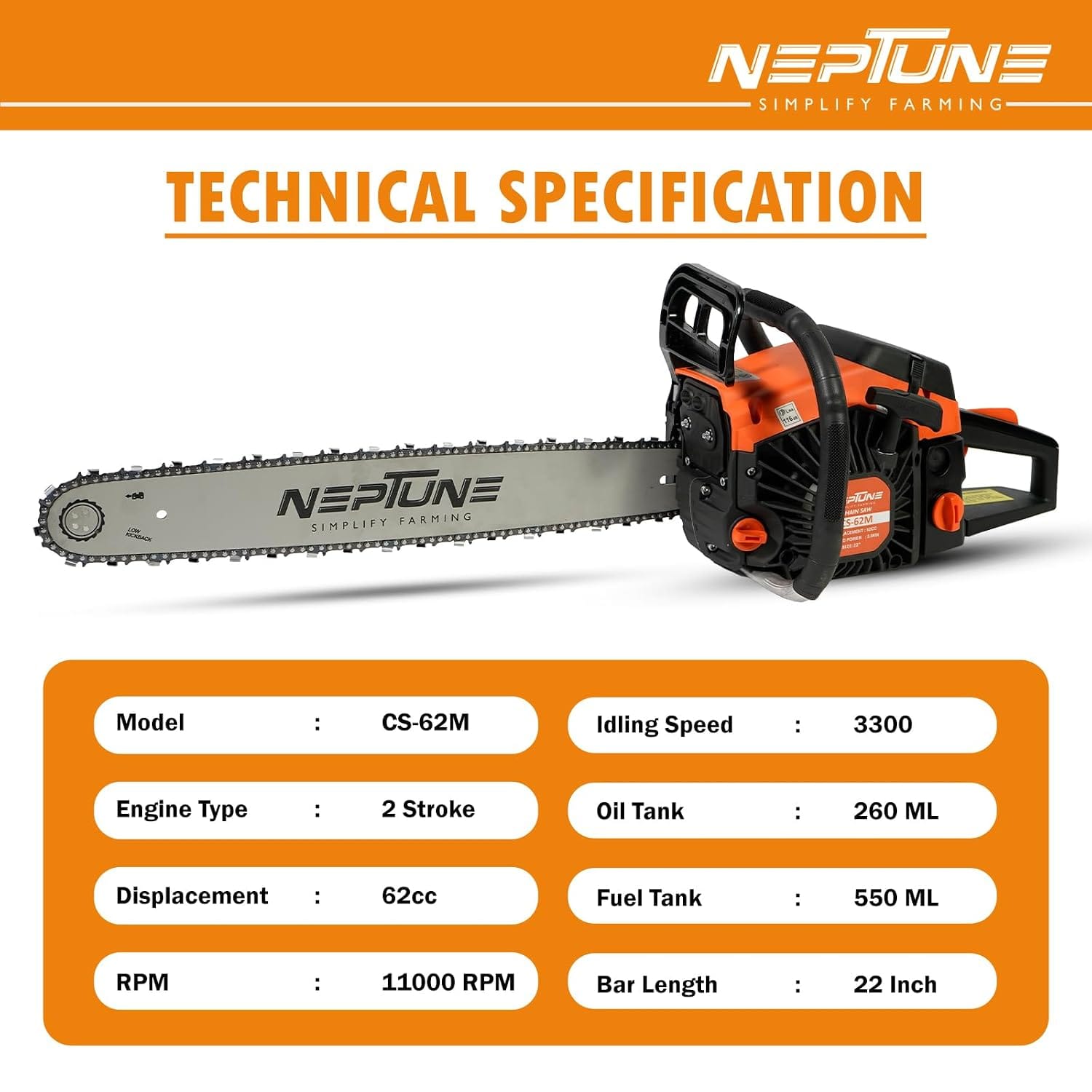Neptune Simplify Farming CS-62 Heavy Duty 62CC Powerful 2Stroke Petrol Chain Saw | Woodcutting Saw with 22" Blade| Professional Wood Cutter Saw for Farm,Trees,Garden, Agriculture, Rescue & Landscapes 3