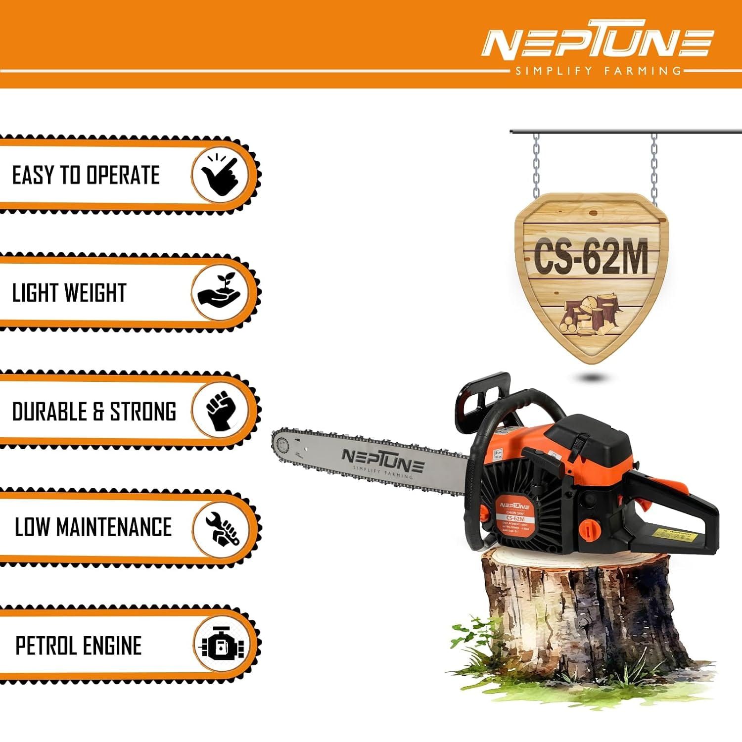 Neptune Simplify Farming CS-62 Heavy Duty 62CC Powerful 2Stroke Petrol Chain Saw | Woodcutting Saw with 22" Blade| Professional Wood Cutter Saw for Farm,Trees,Garden, Agriculture, Rescue & Landscapes 2