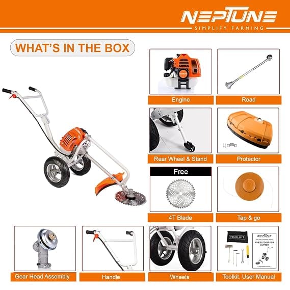 Neptune Simplify Farming BC-520W Wheeled Trolley Brush Cutter | 52CC Petrol Engine, 2 Stroke | Comes with 40T Blade and Trimmer Attachment | Grass Cutting Tool for Lawn, Farmhouse, Garden, Agriculture 5