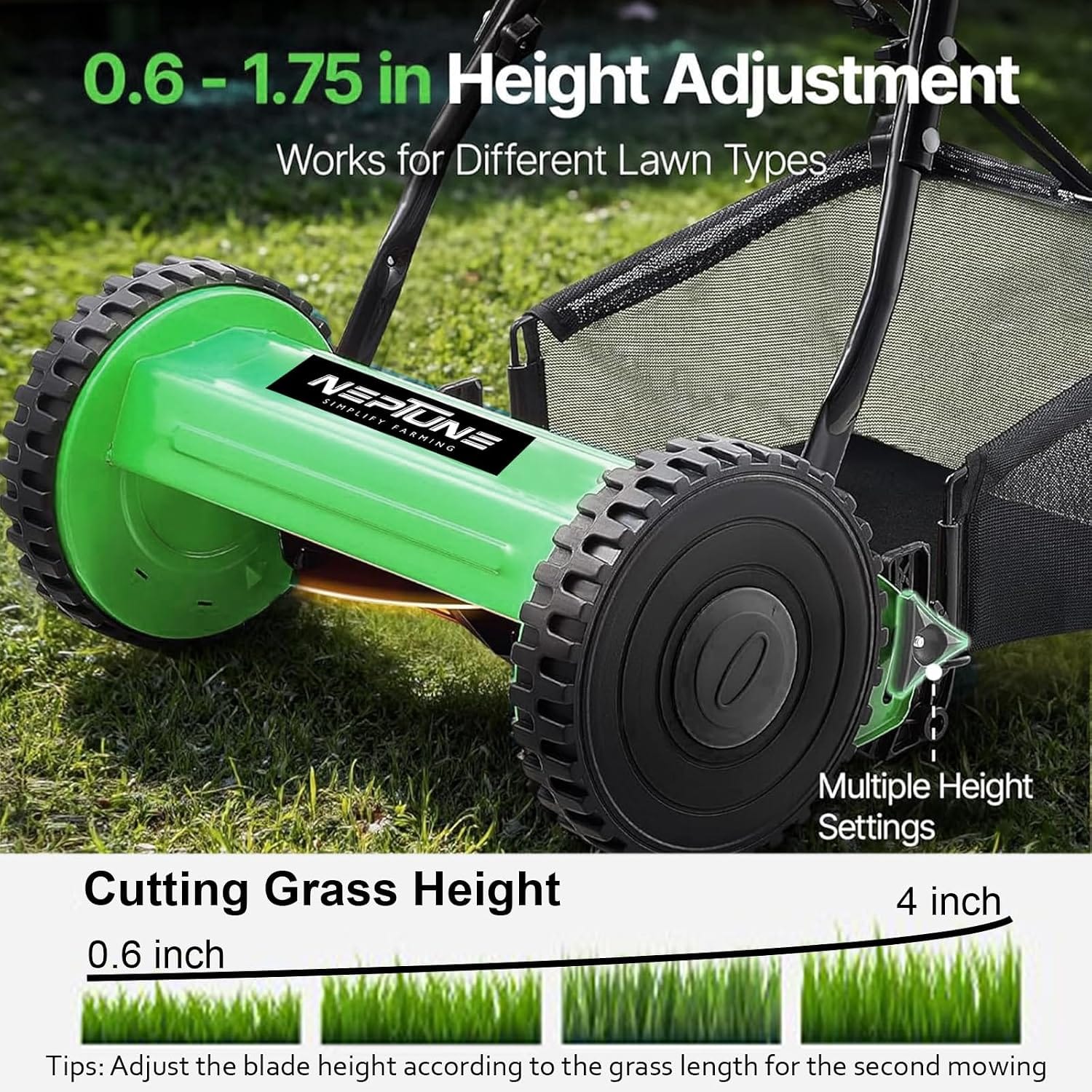Neptune Simplify Farming Hand Push Manual Lawn Mower 16-Inch 5-Blade with 35 Liters Grass Catcher | Adjustable Handle Height | Grass Cutter Machine Sweeper for Home Garden and Park Greening 3