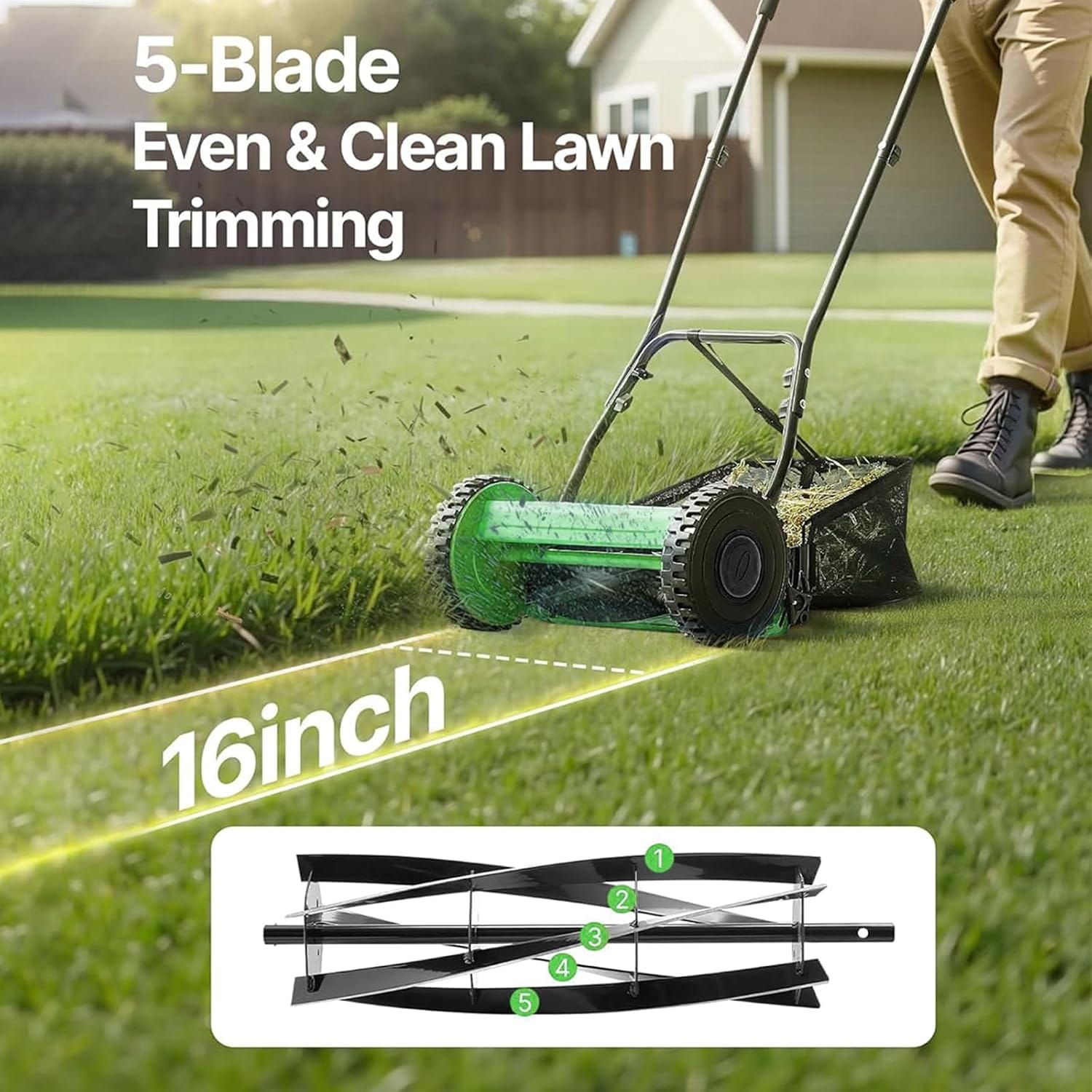 Neptune Simplify Farming Hand Push Manual Lawn Mower 16-Inch 5-Blade with 35 Liters Grass Catcher | Adjustable Handle Height | Grass Cutter Machine Sweeper for Home Garden and Park Greening 5