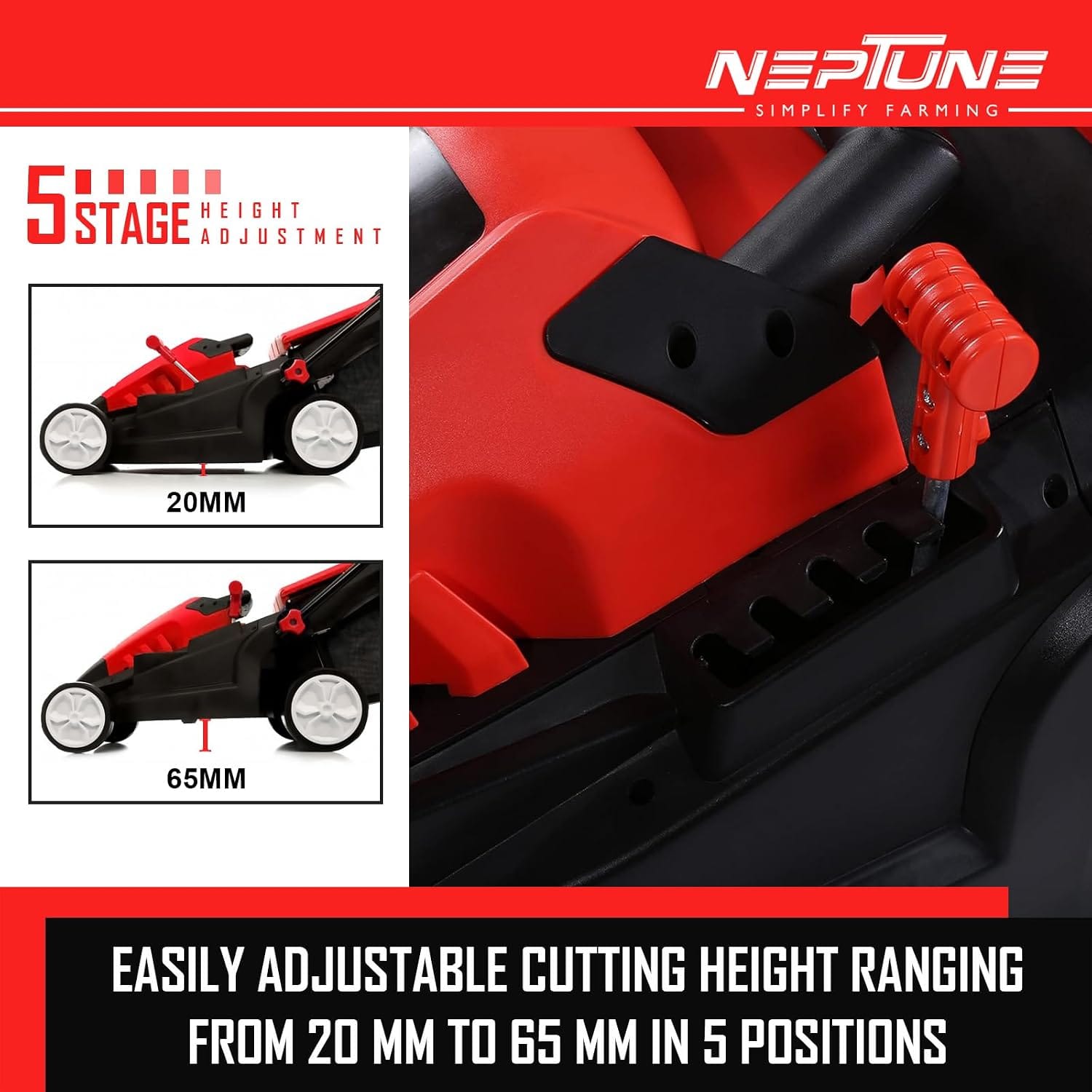 Neptune Simplify Farming 1600-Watt Electric Hand Push Lawn Mower Single Phase 2HP Motor with 50Liter Grass Catcher Box, 5-Stages Cutting Height Adjustment Upto 20mm to 65mm, 380mm/15inch Cutting Blade 2