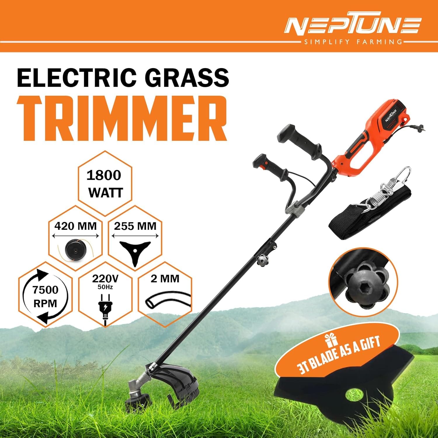 Neptune Simplify Farming BC-1800E 2 in 1 Corded Electric Brush Cutter & Trimmer | Portable & Lightweight String Trimmer | 1800W, 7500RPM | 2 Types Blade | Ideal Grass Cutter for Home Garden 2