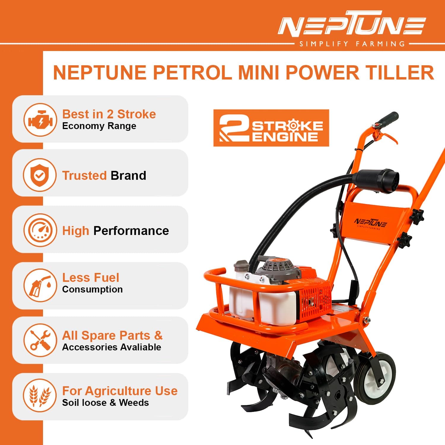 Neptune Simplify Farming NC-62 Mini Tiller | 2 Stroke Advanced Technology Petrol Engine 62CC Powerful 3HP with High Carbon Steel Blade | Cultivator, Rotavator, Weeder | Ideal for Agricultural & Garden 2