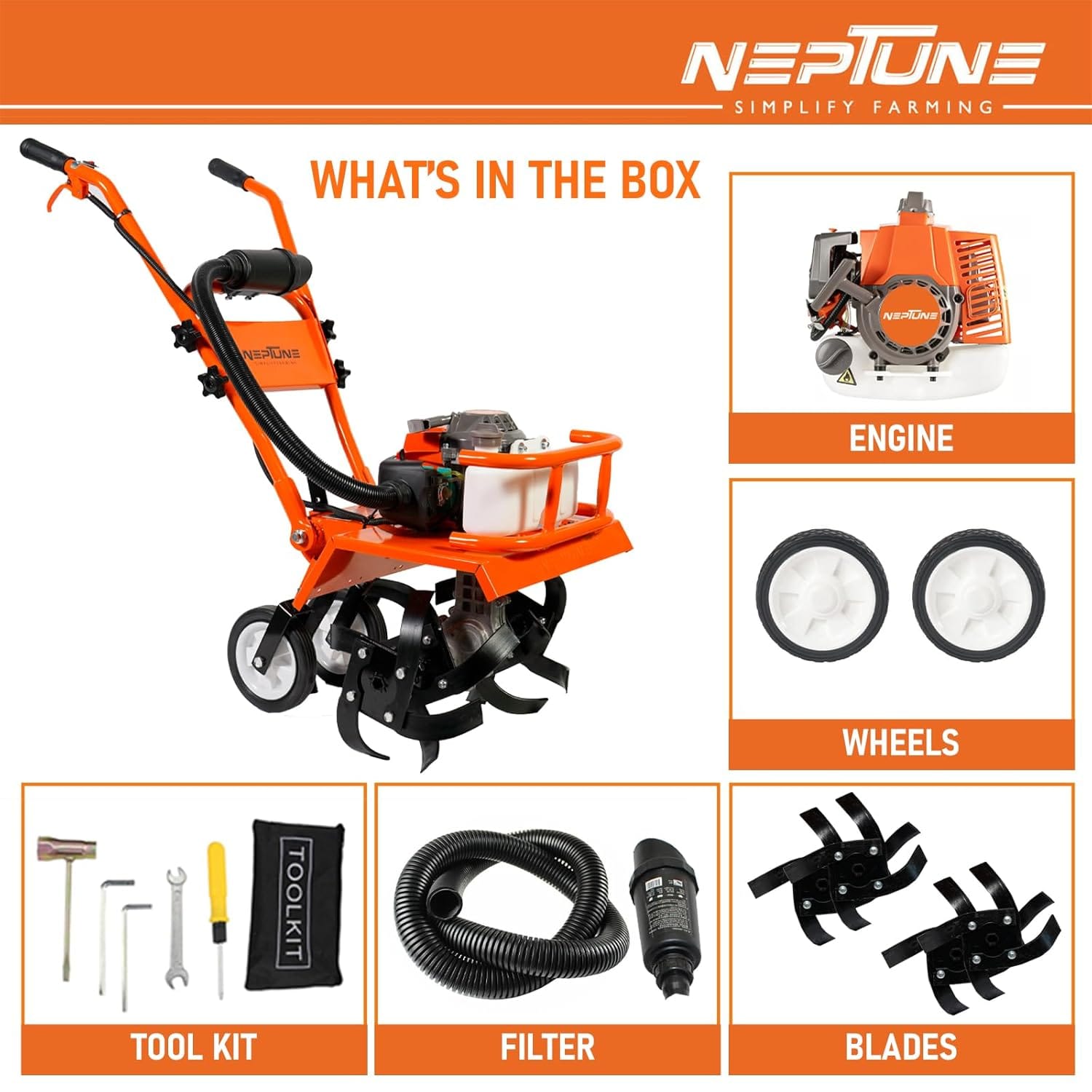 Neptune Simplify Farming NC-62 Mini Tiller | 2 Stroke Advanced Technology Petrol Engine 62CC Powerful 3HP with High Carbon Steel Blade | Cultivator, Rotavator, Weeder | Ideal for Agricultural & Garden 5