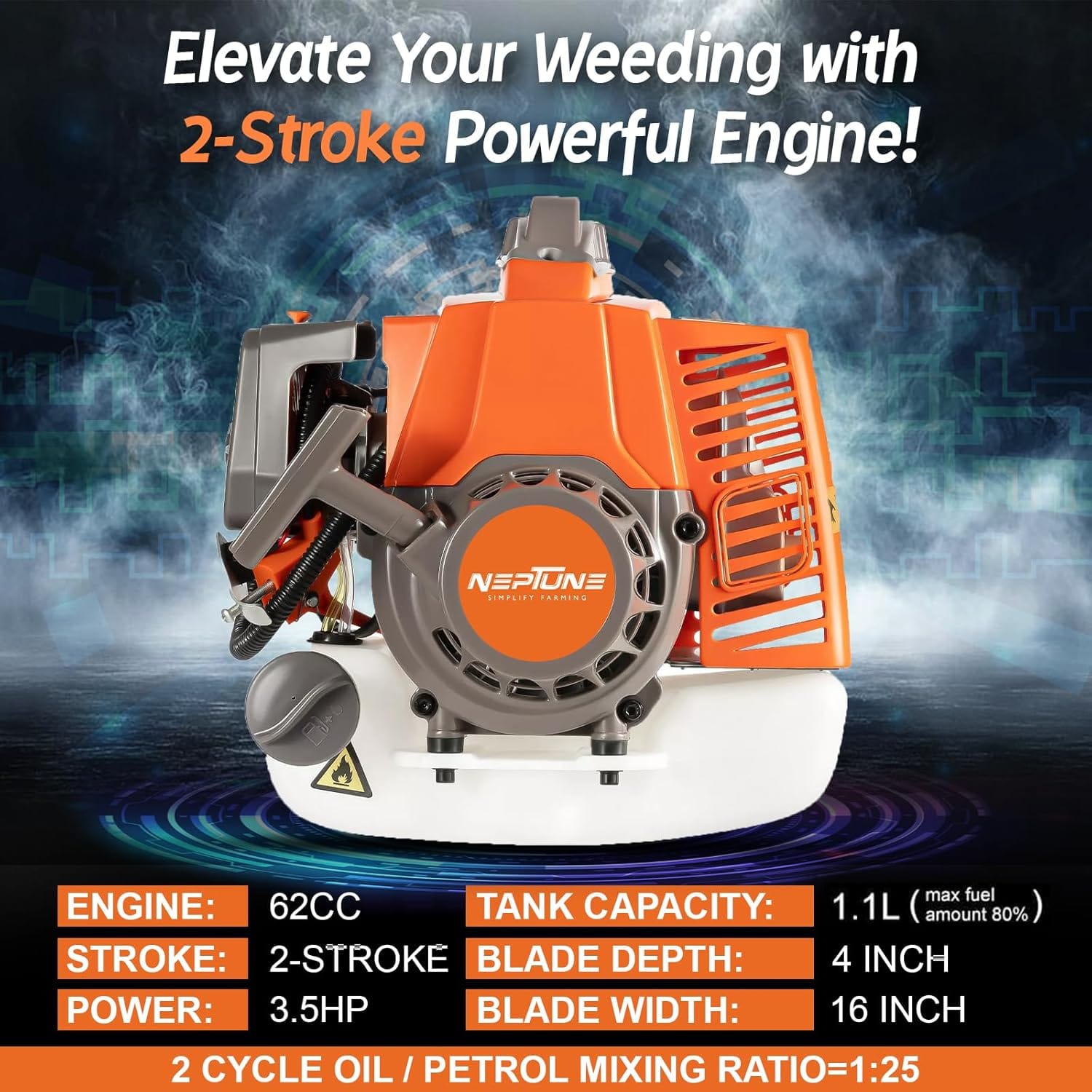 Neptune Simplify Farming NC-62 Mini Tiller | 2 Stroke Advanced Technology Petrol Engine 62CC Powerful 3HP with High Carbon Steel Blade | Cultivator, Rotavator, Weeder | Ideal for Agricultural & Garden 3