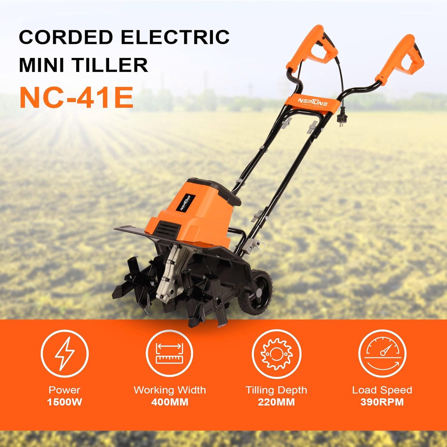 Neptune Simplify Farming NC-41 Electric Mini Portable Tiller | 1500 Watts, Working Width 32-45CM, Depth 22CM | Cultivator, Weeder, Rotavator | Ideal for Soil Loosening and Digging 3