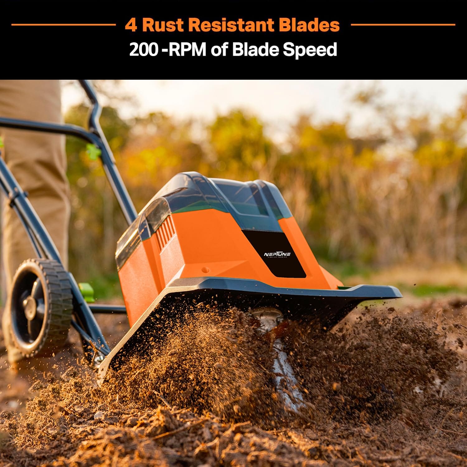 Neptune Simplify Farming NC-40B Cordless Battery Powered 2x20V 4Ah Mini Tiller,Carbon Steel Blades,Cultivator, Rotavator|Working Width 11Inch, Depth8 Inch|Foldable Rototiller for Garden Soil Digging 4