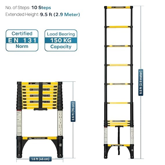 Corvids 2.9m (9.5 Ft) Iron Telescopic Ladder, 2-Year Warranty, 10-Step Foldable Extension Ladder, Q195 Rustoroof Carbon Steel, Portable Retractable Ladder for Home, Warehouse & Outdoor Use 4
