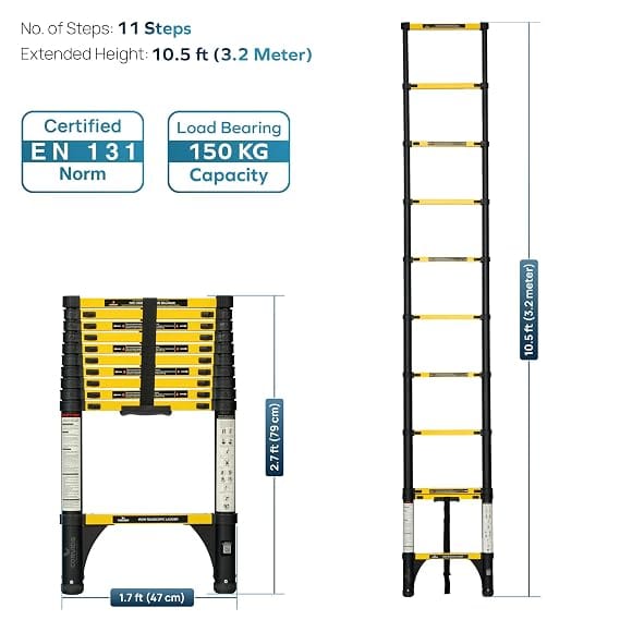 Corvids 3.2m (10.5 Ft) Iron Telescopic Ladder, 2-Year Warranty, 11-Step Foldable Extension Ladder, Q195 Rustoroof Carbon Steel, Portable Retractable Ladder for Home, Warehouse & Outdoor Use 2