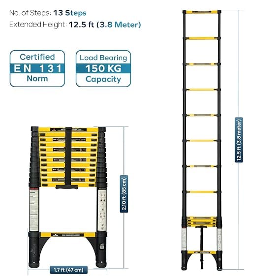 Corvids 3.8m (12.5 Ft) Iron Telescopic Ladder, 2-Year Warranty, 13-Step Foldable Extension Ladder, Q195 Rustoroof Carbon Steel, Portable Retractable Ladder for Home, Warehouse & Outdoor Use 2