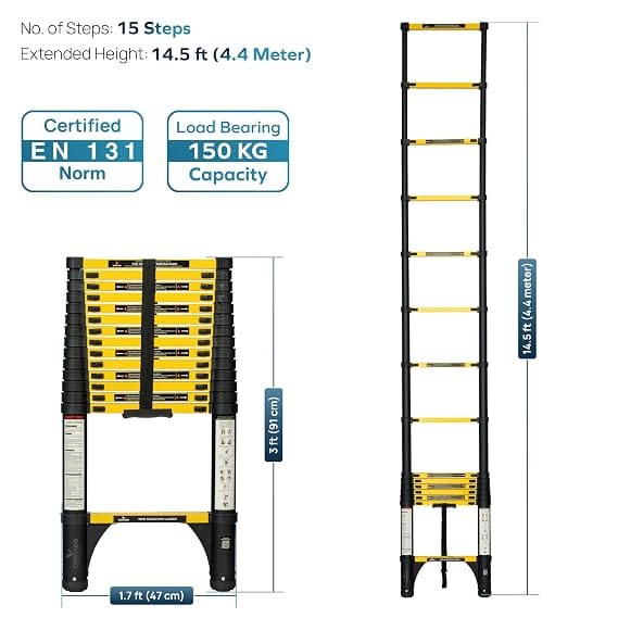Corvids 5.1m (17 Ft) Iron Telescopic Ladder, 2-Year Warranty, 13-Step Foldable Extension Ladder, Q195 Rustoroof Carbon Steel, Portable Retractable Ladder for Home, Industrial & Warehouse Use 3