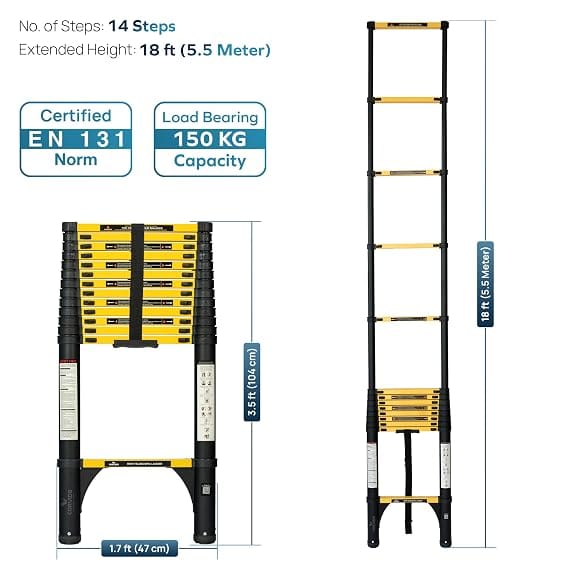 Corvids 5.5m (18 Ft) Iron Telescopic Ladder, 2-Year Warranty, 14-Step Foldable Extension Ladder, Q195 Rustoroof Carbon Steel, Portable Retractable Ladder for Home, Industrial & Warehouse Use 3