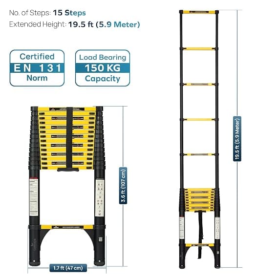 Corvids 5.9m (19.5 Ft) Iron Telescopic Ladder, 2-Year Warranty, 15-Step Foldable Extension Ladder, Q195 Rustoroof Carbon Steel, Portable Retractable Ladder for Home, Industrial & Warehouse Use 3