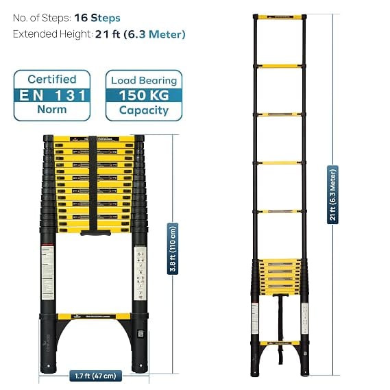Corvids 6.3m (21 Ft) Iron Telescopic Ladder, 2-Year Warranty, 16-Step Foldable Extension Ladder, Q195 Rustoroof Carbon Steel, Portable Retractable Ladder for Home, Industrial & Warehouse Use 3