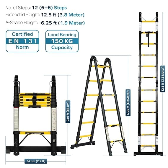Corvids 3.8m (12.5 Ft) Foldable A-Type Iron Telescopic Ladder, 2-Year Warranty, 12-Step EN131 Certified Extension Ladder, Rustoroof Heavy Duty Carbon Steel for Home, Industrial & Warehouse Use 3