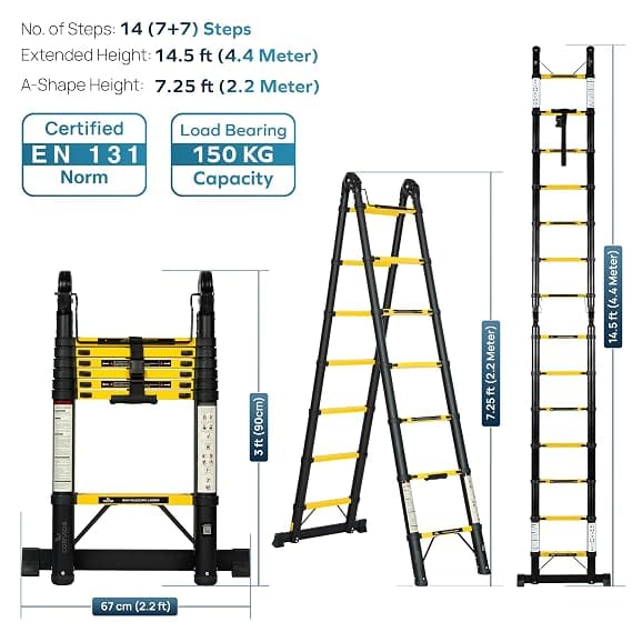 Corvids 4.4m (14.5 Ft) Foldable A-Type Iron Telescopic Ladder, 2-Year Warranty, 14-Step EN131 Certified Extension Ladder, Rustoroof Heavy Duty Carbon Steel for Home, Industrial & Warehouse Use 3