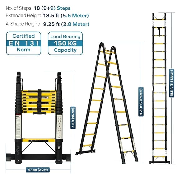Corvids 5.6m (18.5 Ft) Foldable A-Type Iron Telescopic Ladder, 2-Year Warranty, 18-Step EN131 Certified Extension Ladder, Rustoroof Heavy Duty Carbon Steel for Home, Industrial & Warehouse Use 3