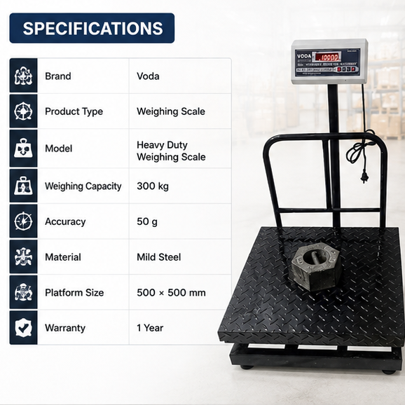 Voda 300kg Mild Steel Bench Type Heavy Duty Weighing Scale with 1 Year Warranty Platform Size: 500x500 mm(Heavy Duty Weighing Scale ) 3
