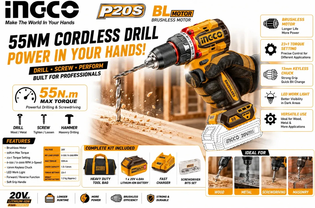 Ingco 2pcs combo (Hammer Drill + 55Nm Drill Cordless Drill (13 mm Chuck Size) 2