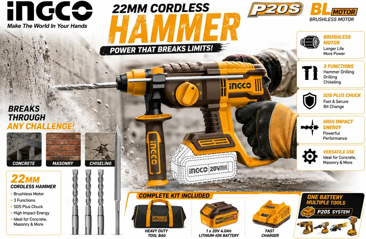 Ingco 2pcs combo (Hammer Drill + 55Nm Drill Cordless Drill (13 mm Chuck Size) 3