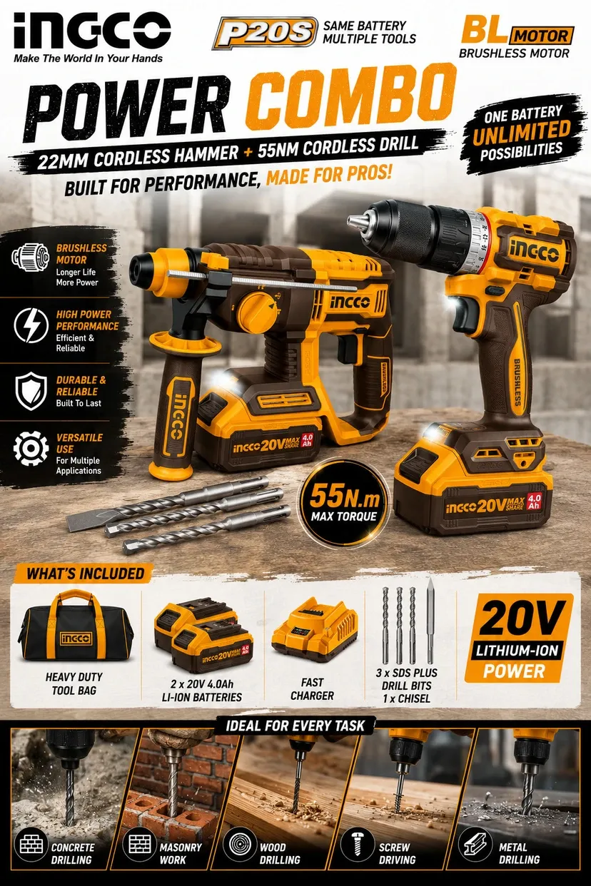 Ingco 2pcs combo (Hammer Drill + 55Nm Drill Cordless Drill (13 mm Chuck Size) 4