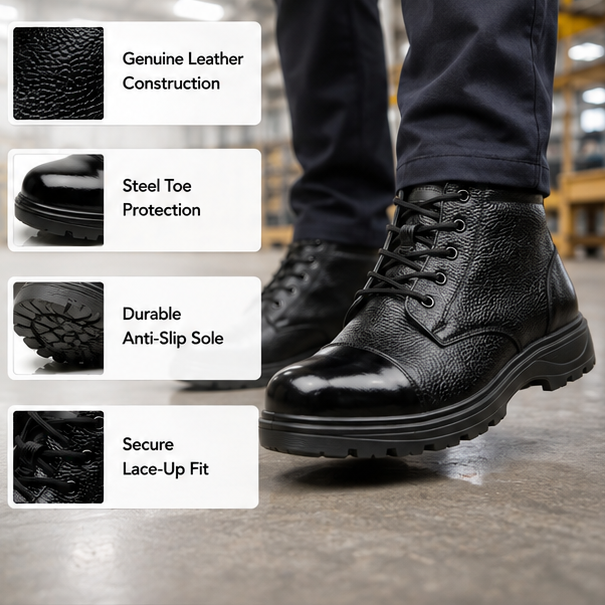 Latest Trendy Genuine Mild Leather Police Boots for Men, Heavy Duty Tactical Safety Boots, Anti-Skid Durable Industrial Work Shoes For Men 4