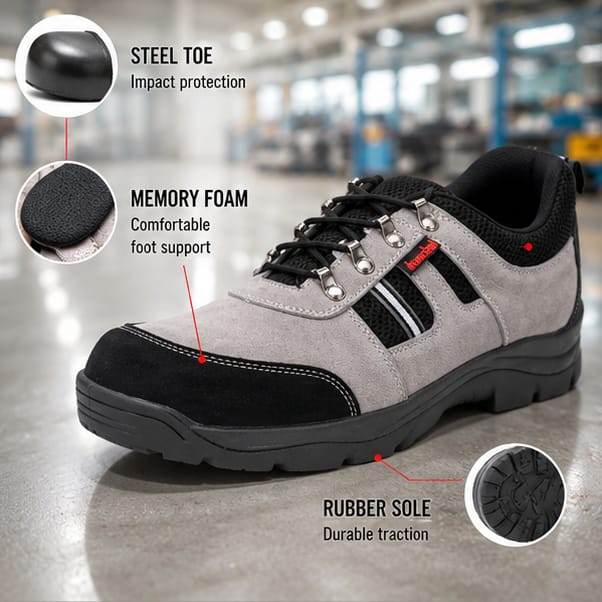 Kavacha Suede Leather Steel Toe Safety Shoe RN 502 Grey Rubber Sole (Plus Size) (Rn502)(size-7) 3