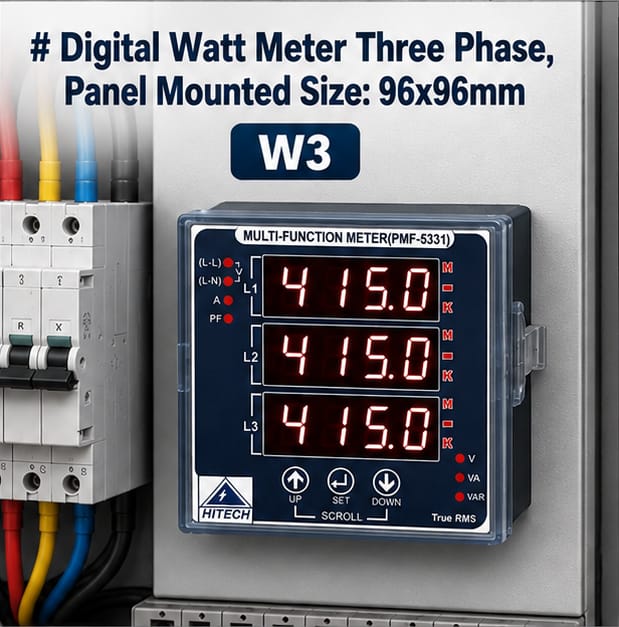 Digital Watt Meter Three Phase, Panel Mounted size: 96x96mm 2