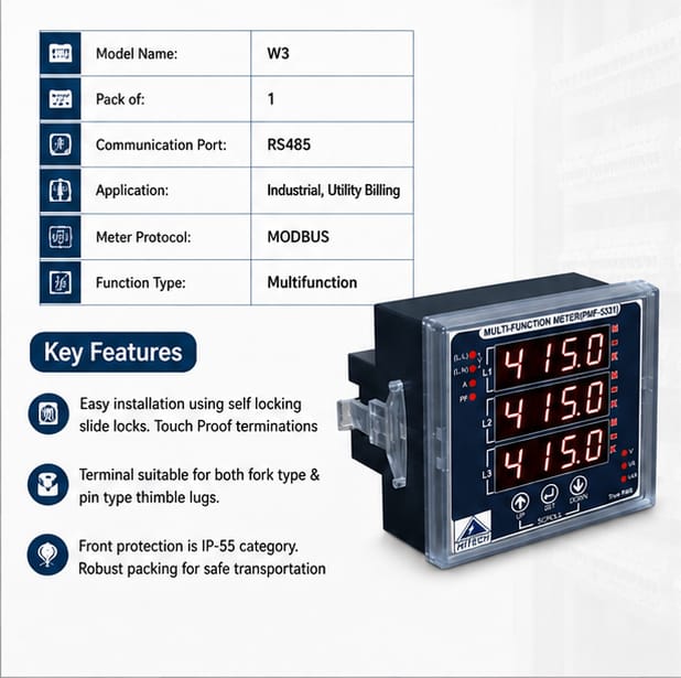 Digital Watt Meter Three Phase, Panel Mounted size: 96x96mm 3