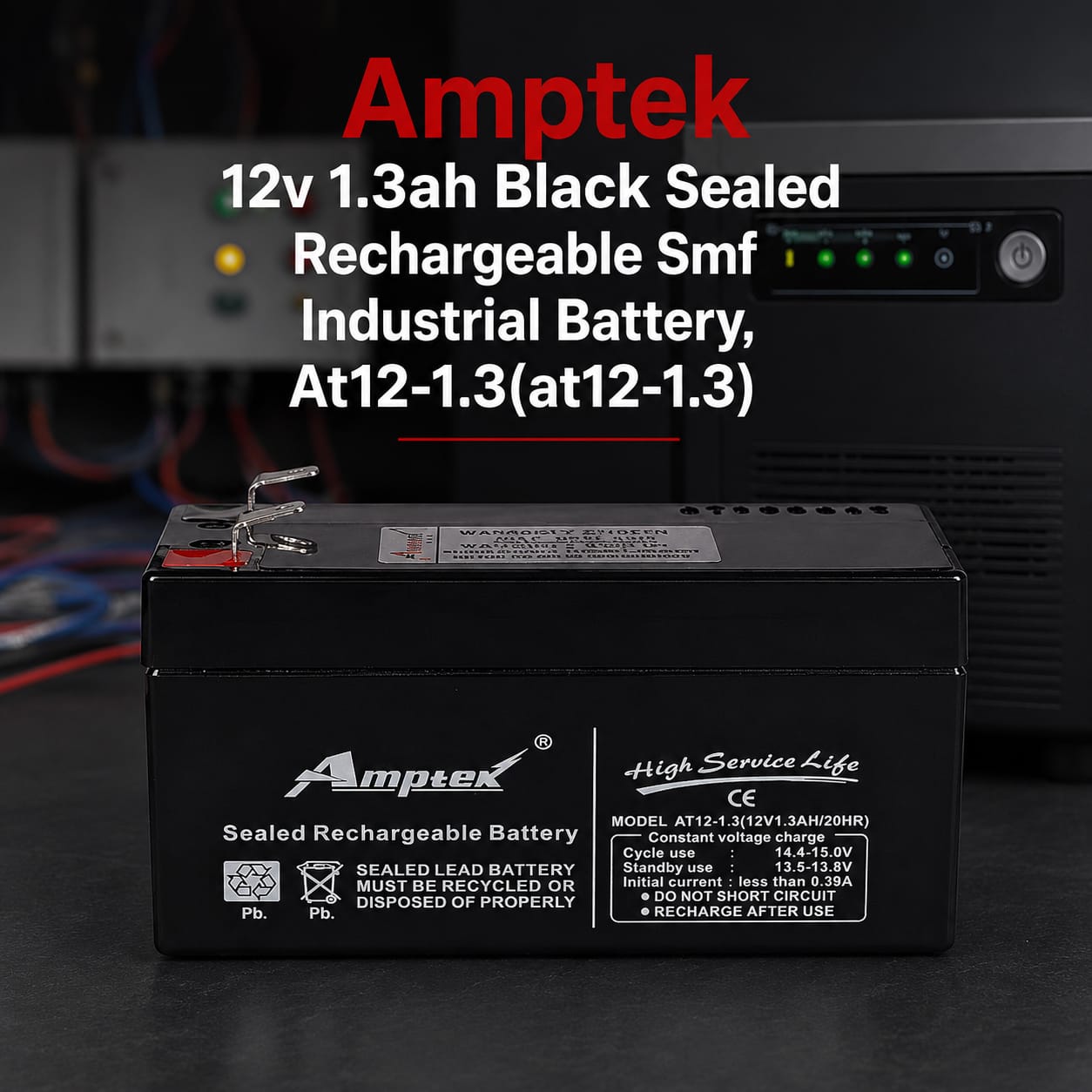 Amptek 12V 1.3Ah Black Sealed Rechargeable SMF Industrial Battery, AT12-1.3(AT12-1.3) 2