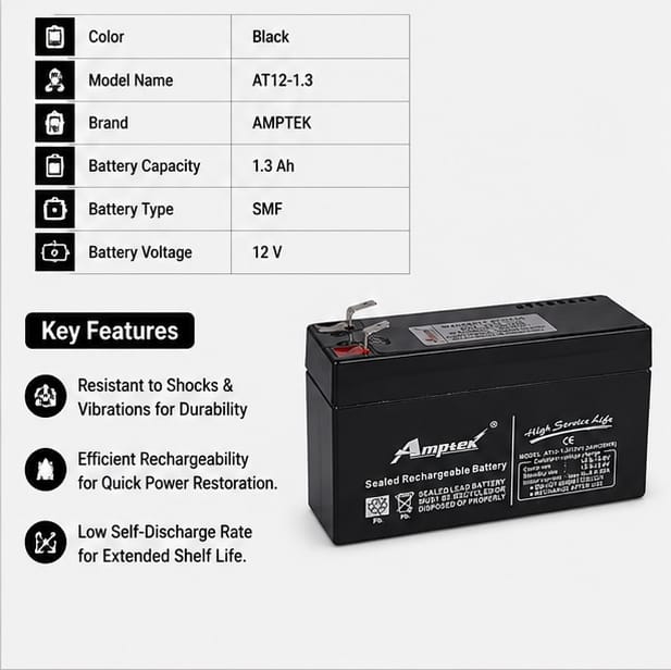 Amptek 12V 1.3Ah Black Sealed Rechargeable SMF Industrial Battery, AT12-1.3(AT12-1.3) 3