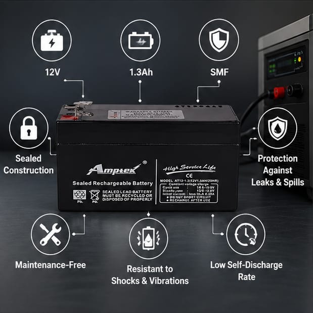 Amptek 12V 1.3Ah Black Sealed Rechargeable SMF Industrial Battery, AT12-1.3(AT12-1.3) 4