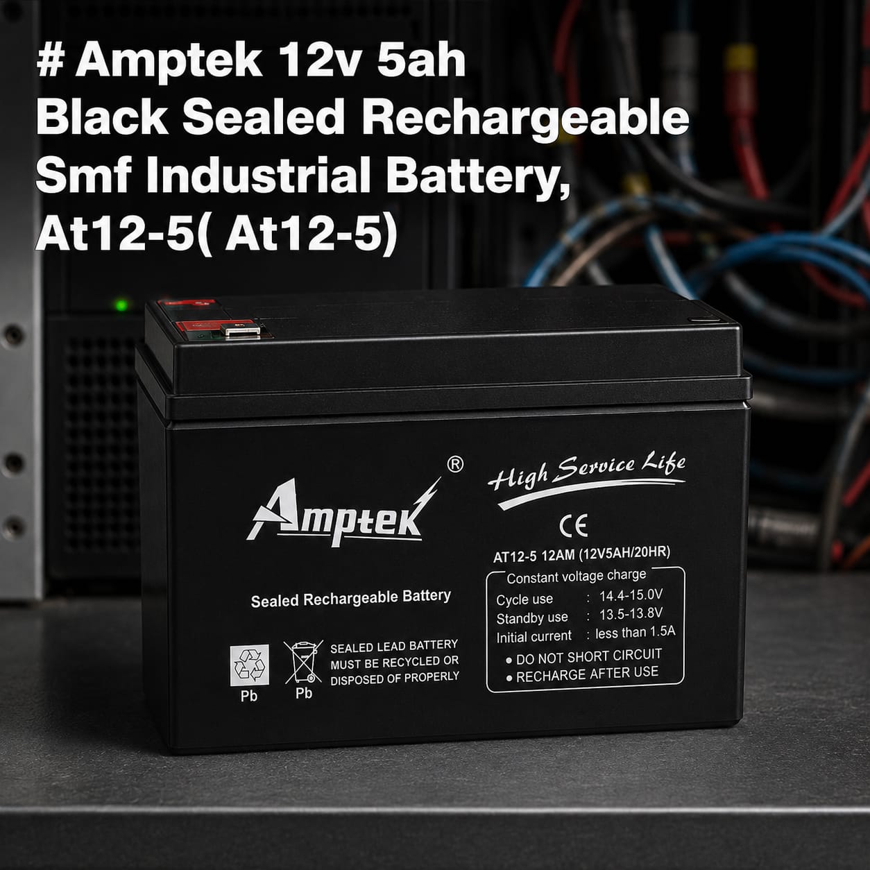 Amptek 12V 5Ah Black Sealed Rechargeable SMF Industrial Battery, AT12-5( AT12-5) 2