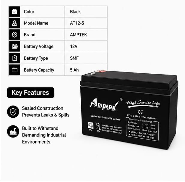 Amptek 12V 5Ah Black Sealed Rechargeable SMF Industrial Battery, AT12-5( AT12-5) 3