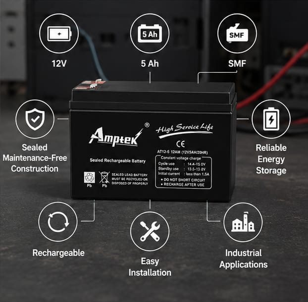 Amptek 12V 5Ah Black Sealed Rechargeable SMF Industrial Battery, AT12-5( AT12-5) 4