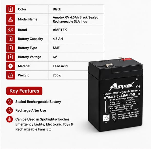 Amptek 6V 4.5Ah Black Sealed Rechargeable SLA Industrial Battery 3