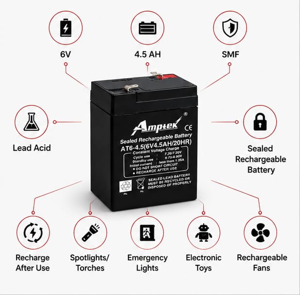 Amptek 6V 4.5Ah Black Sealed Rechargeable SLA Industrial Battery 4