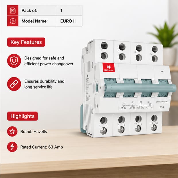 Havells 63A FP Two way Centre off changeover Switch DHMGOFPX063(EURO II) 3