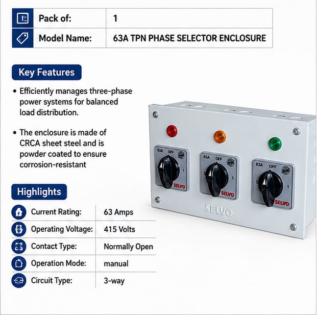 SELVO 63A Three Phase Neutral (TPN) Phase selector Enclosure (with 1 pole 3 ways Rotary switches Fitted and Duly Wired) 3