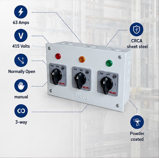 SELVO 63A Three Phase Neutral (TPN) Phase selector Enclosure (with 1 pole 3 ways Rotary switches Fitted and Duly Wired) 4
