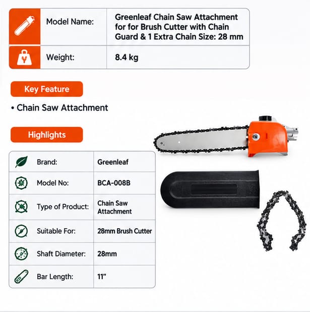 Greenleaf Chain Saw Attachment for for Brush Cutter with Chain Guard & 1 Extra Chain Size: 28 mm (BCA-008B) 3