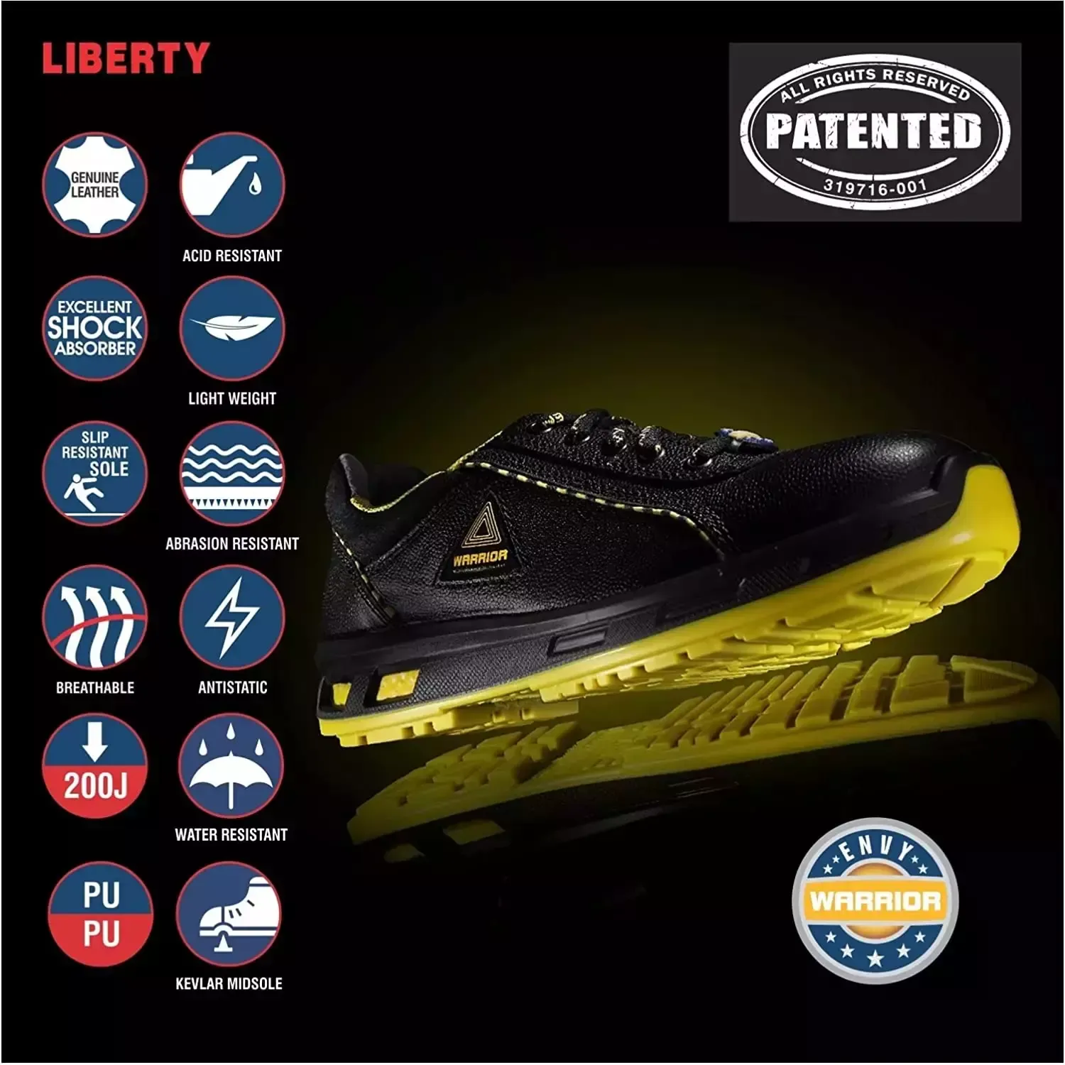 Liberty WARRIOR Envy Earth Popcorn Steel Toe Safety Shoes Low Ankle Black and Yellow Size UK 6 2