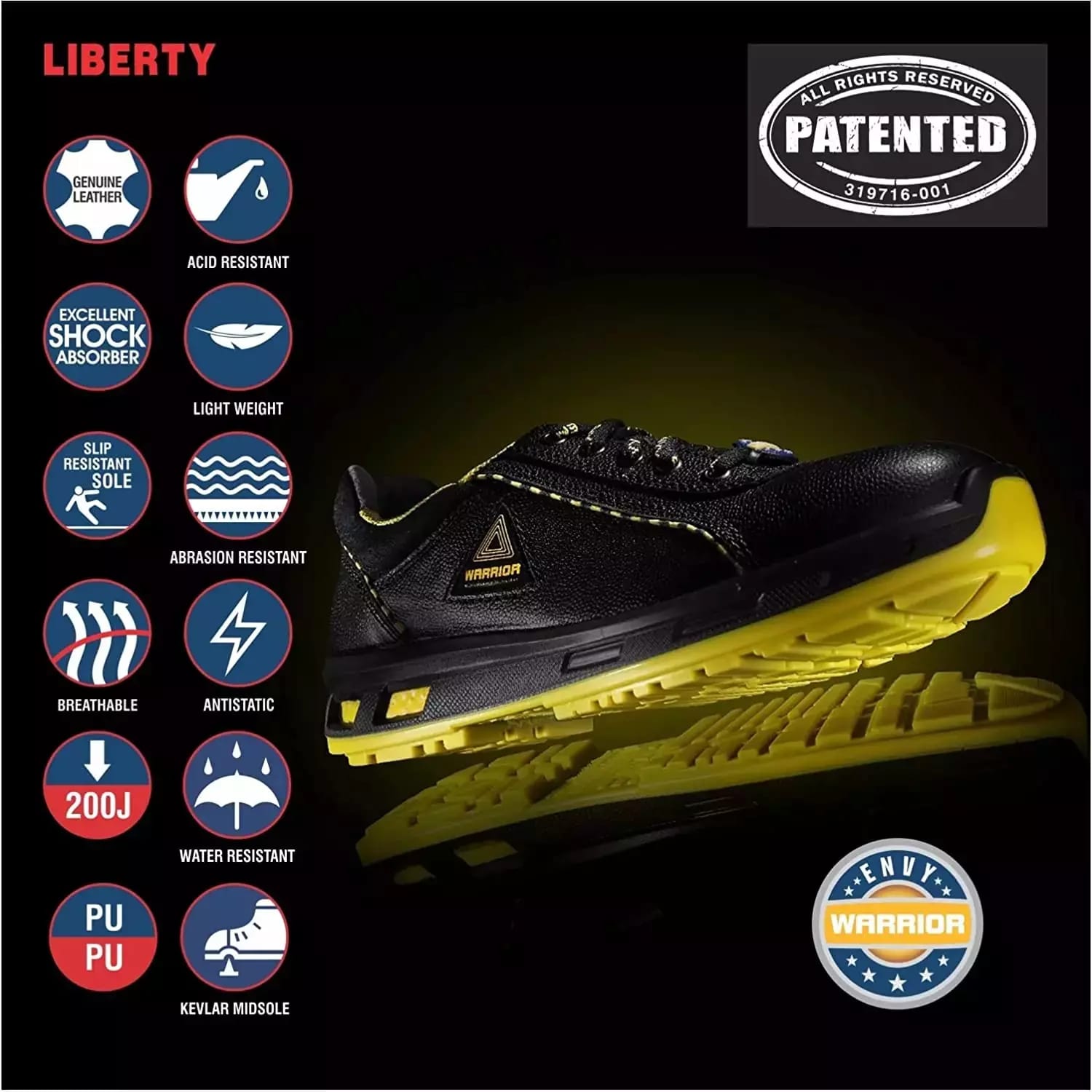 Liberty WARRIOR Envy Earth Popcorn Steel Toe Safety Shoes Low Ankle Black and Yellow Size UK 9 2