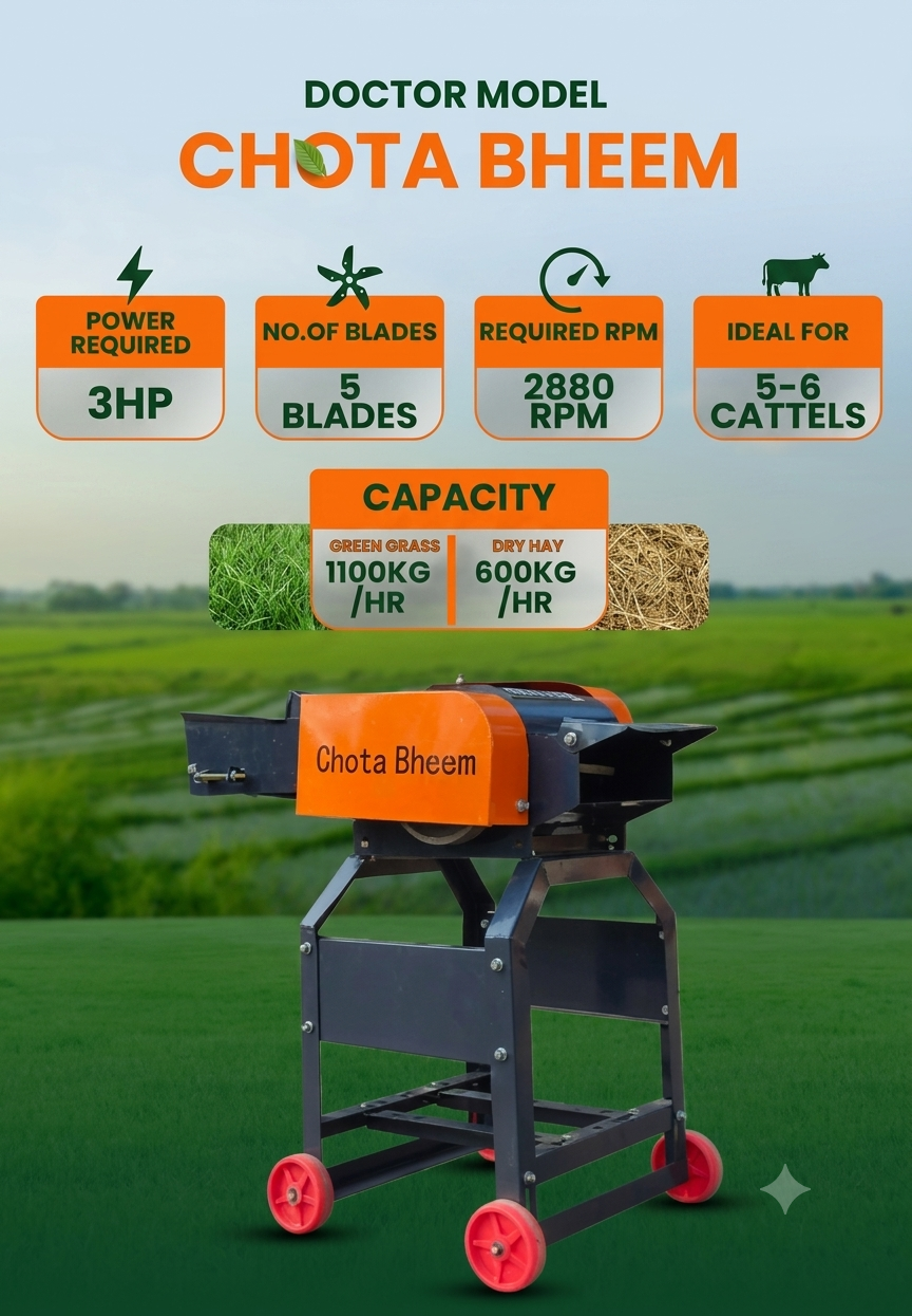 CHOTA BHEEM/Mini Chaff Cutter Grass Cutter/Grass Cutting 400-800 KG with Motor/Little matser with 3HP Motor-With Single Phase 3