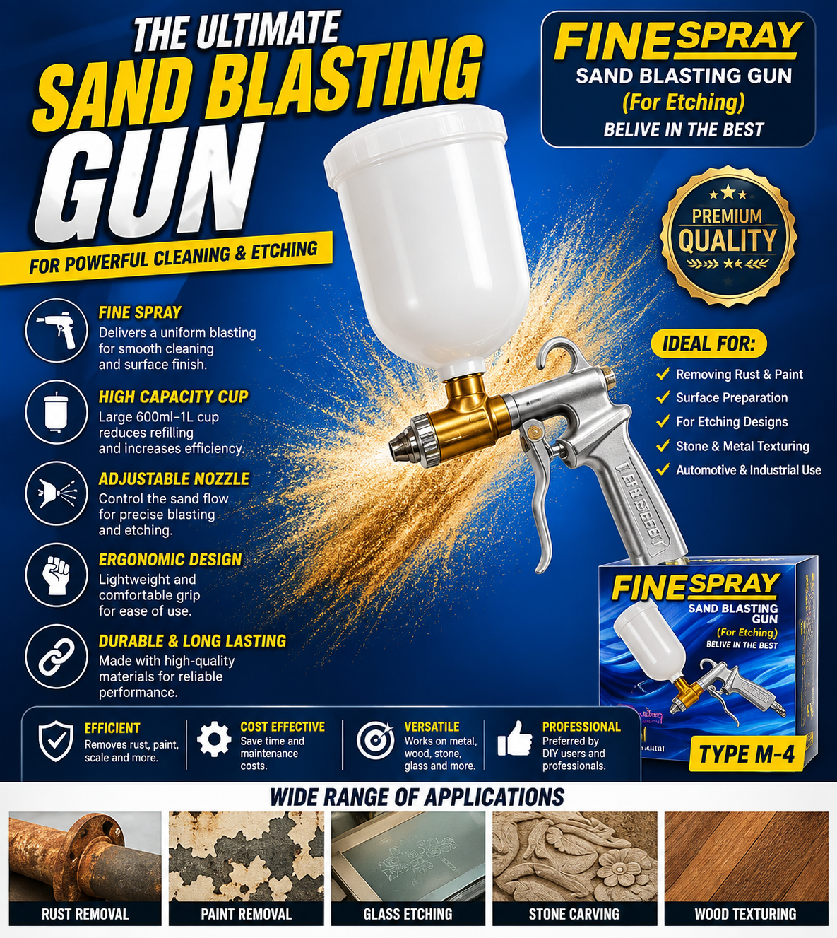 600ml-1L 4-6 Bar Pneumatic Precision Fine Spray Sandblasting Gun 4
